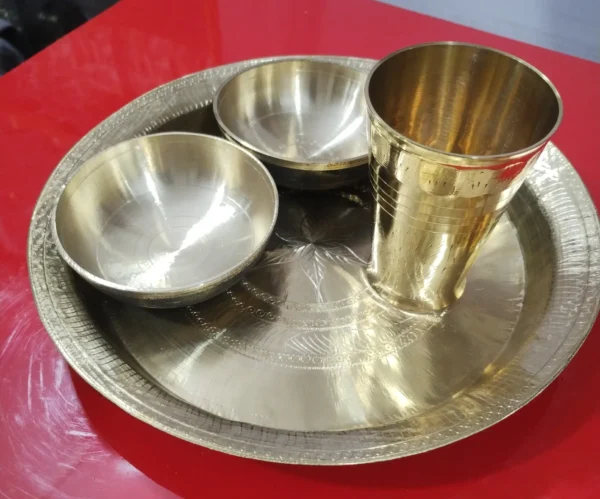 Dinner Set. Brass Plate bowl, glass & Spoon