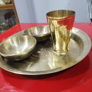 Dinner Set. Brass Plate bowl, glass & Spoon