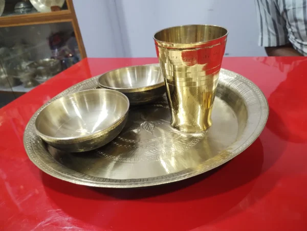 Dinner Set. Brass Plate bowl, glass & Spoon