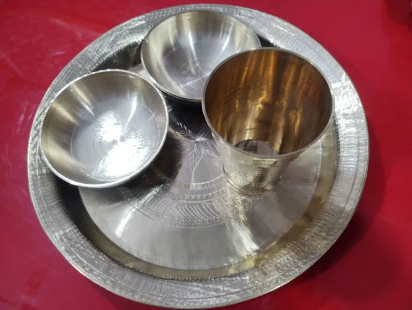 Dinner Set. Brass Plate bowl, glass & Spoon