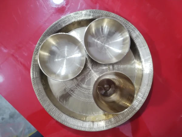 Dinner Set. Brass Plate bowl, glass & Spoon