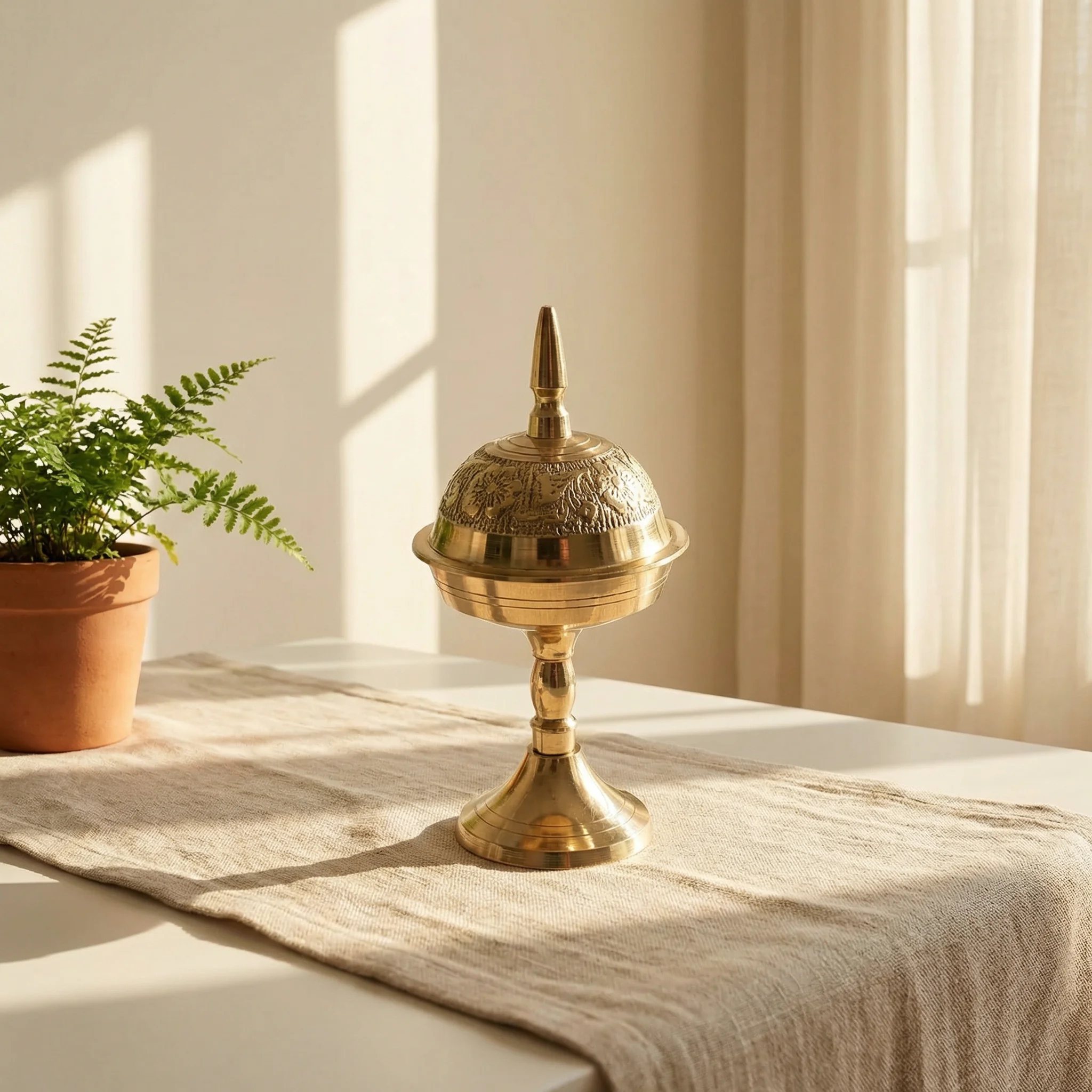 Premium Brass Handmade Showpiece Assamese Small Xorai for Home Decor & Gifting (5 Inch, Golden)