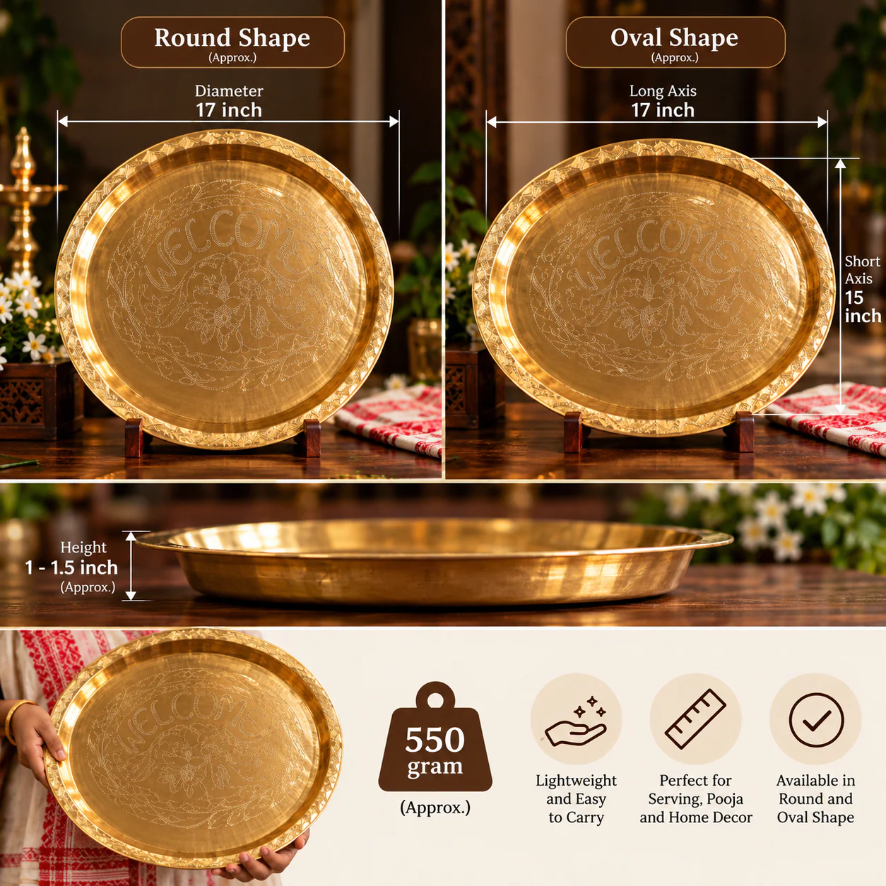 Handcrafted Premium Brass Tray perfect for Dining,Puja,Gifting