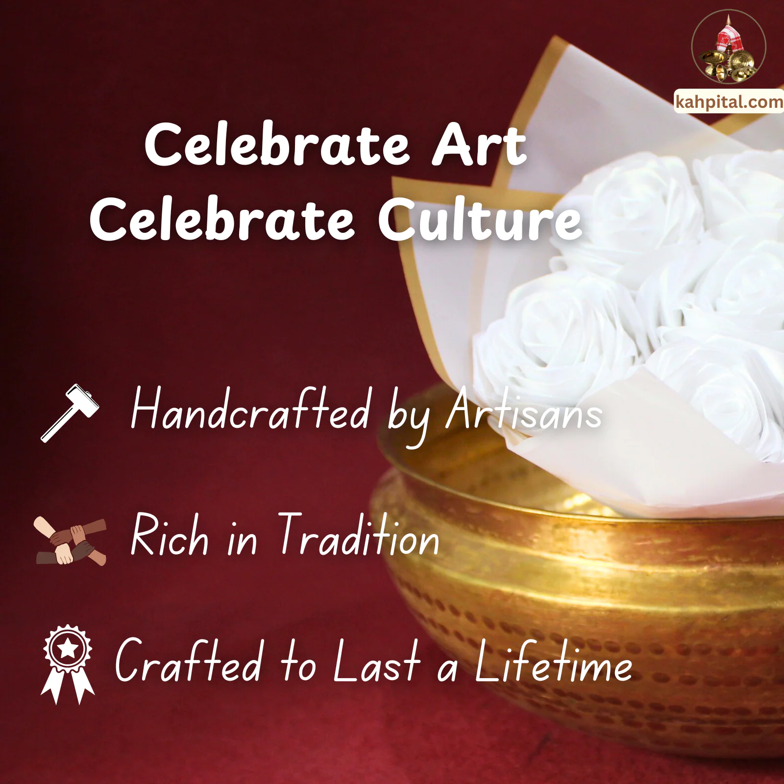 Blooming Uruli Set, Brass Uruli with Rose Bouquet for Home Decor & Gifting