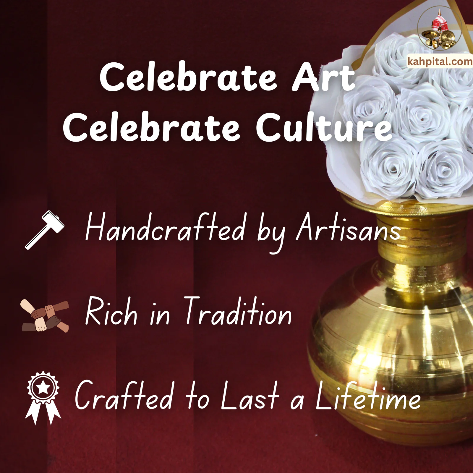 Metal Vase with Artificial White Rose Bouquet for Home Decor