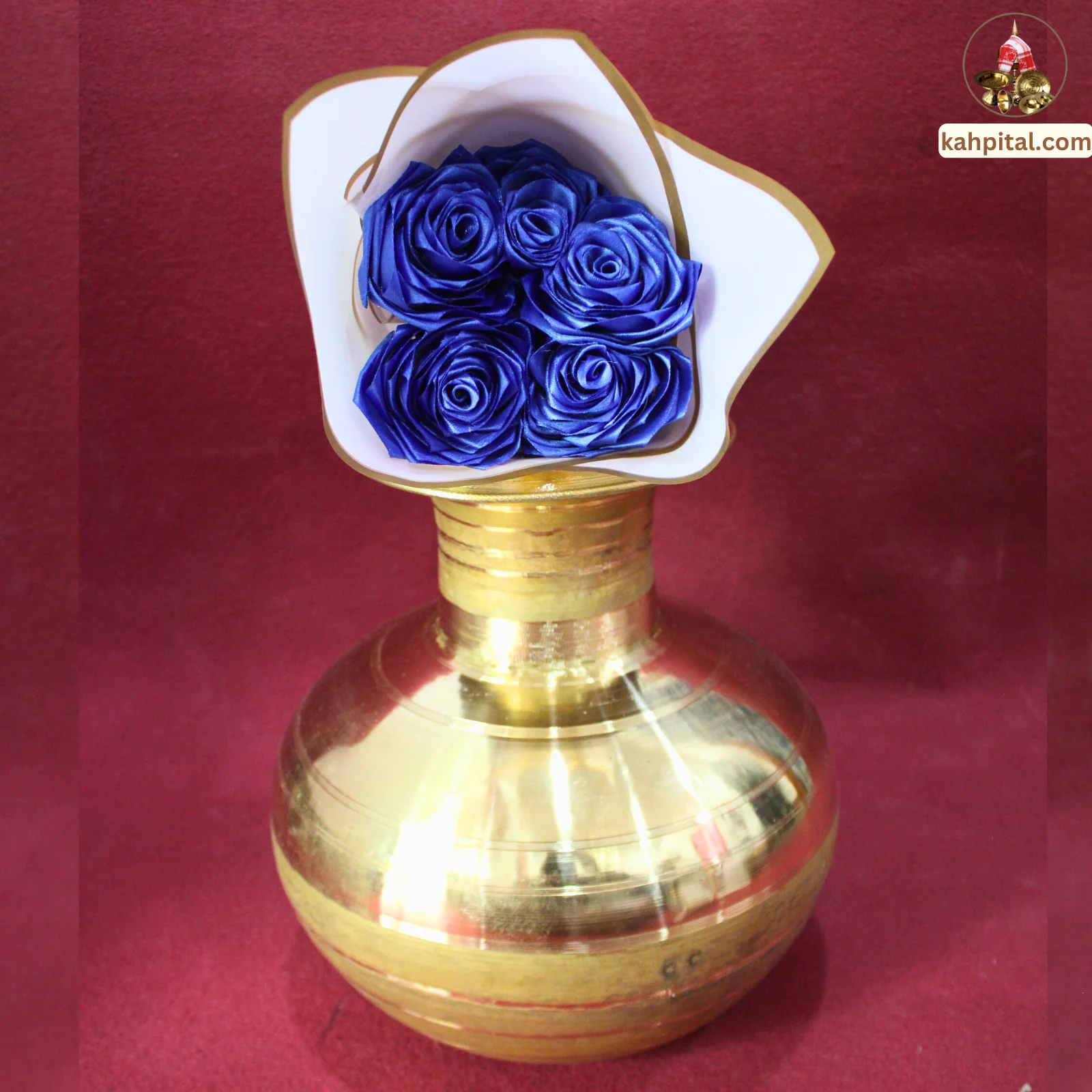 Metal Vase with Artificial Blue Rose Bouquet for Home Decor & Gifting