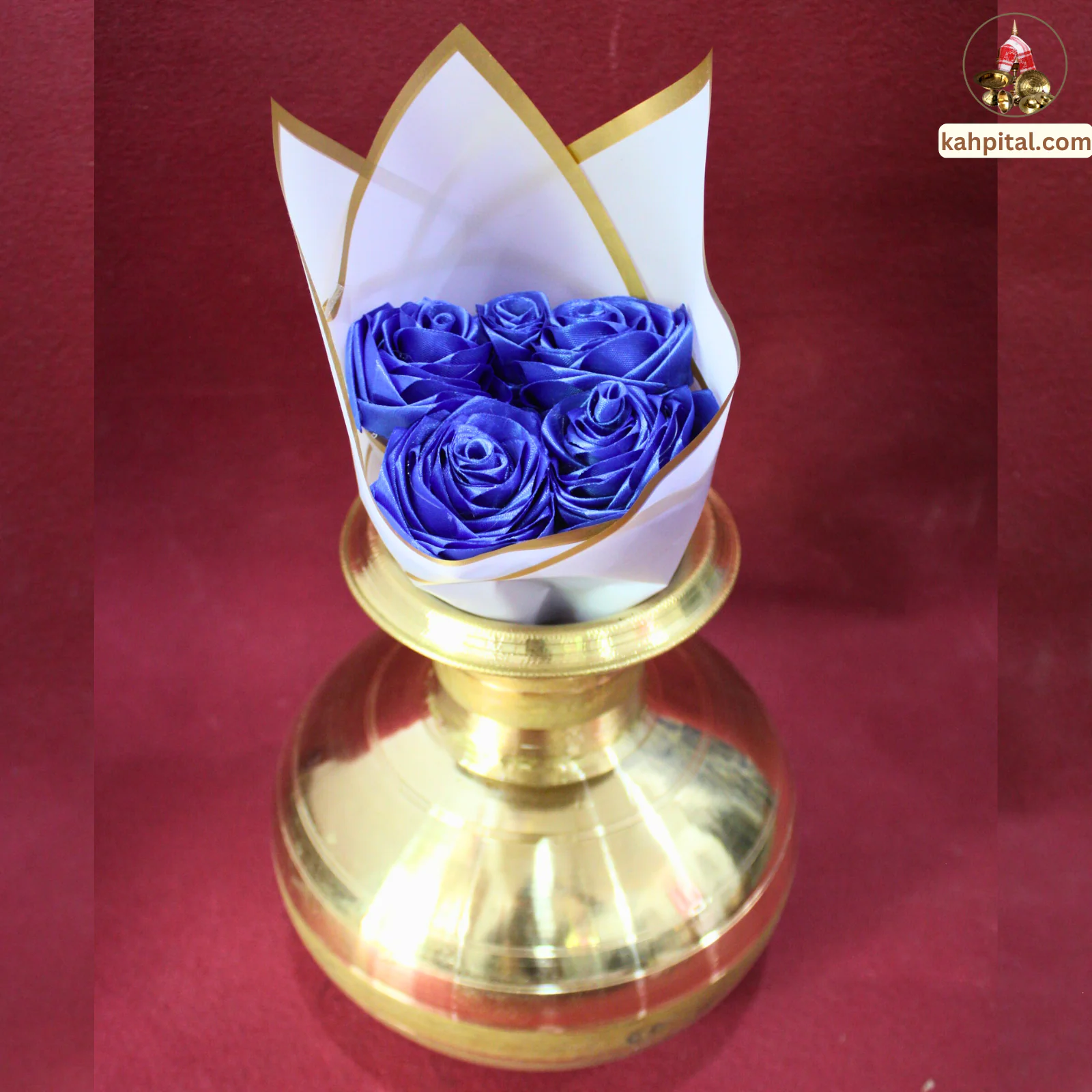 Metal Vase with Artificial Blue Rose Bouquet for Home Decor & Gifting