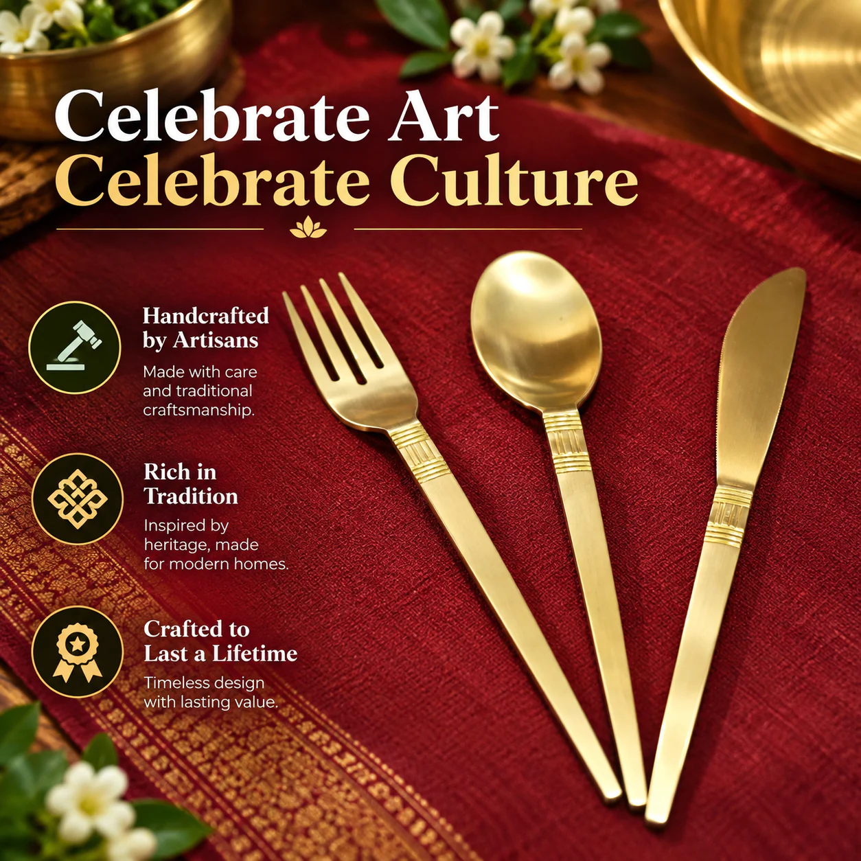 Premium Engraved Brass Cutlery Set – A Fusion of Tradition, Health & Elegance