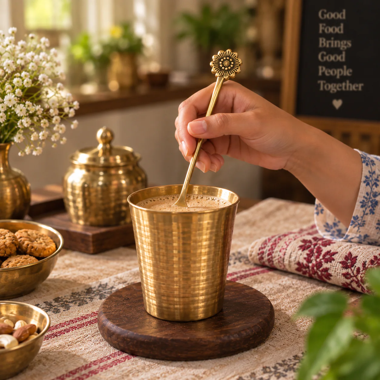Premium Handmade Brass Floral Spoon – Set of 2 (7 Inch | Matte Finish) - Image 3