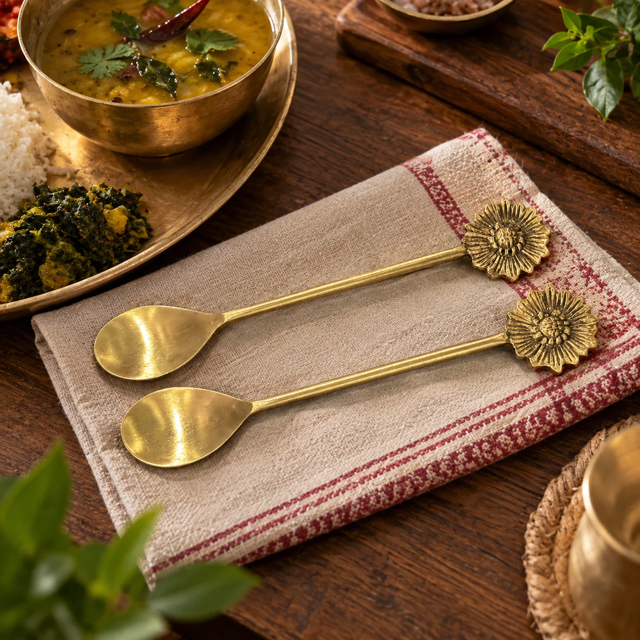 Premium Handmade Brass Floral Spoon – Set of 2 (7 Inch | Matte Finish)