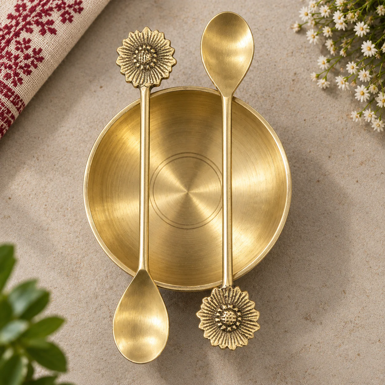 Premium Handmade Brass Floral Spoon – Set of 2 (7 Inch | Matte Finish)