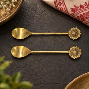 Premium Handmade Brass Floral Spoon – Set of 2 (7 Inch | Matte Finish)