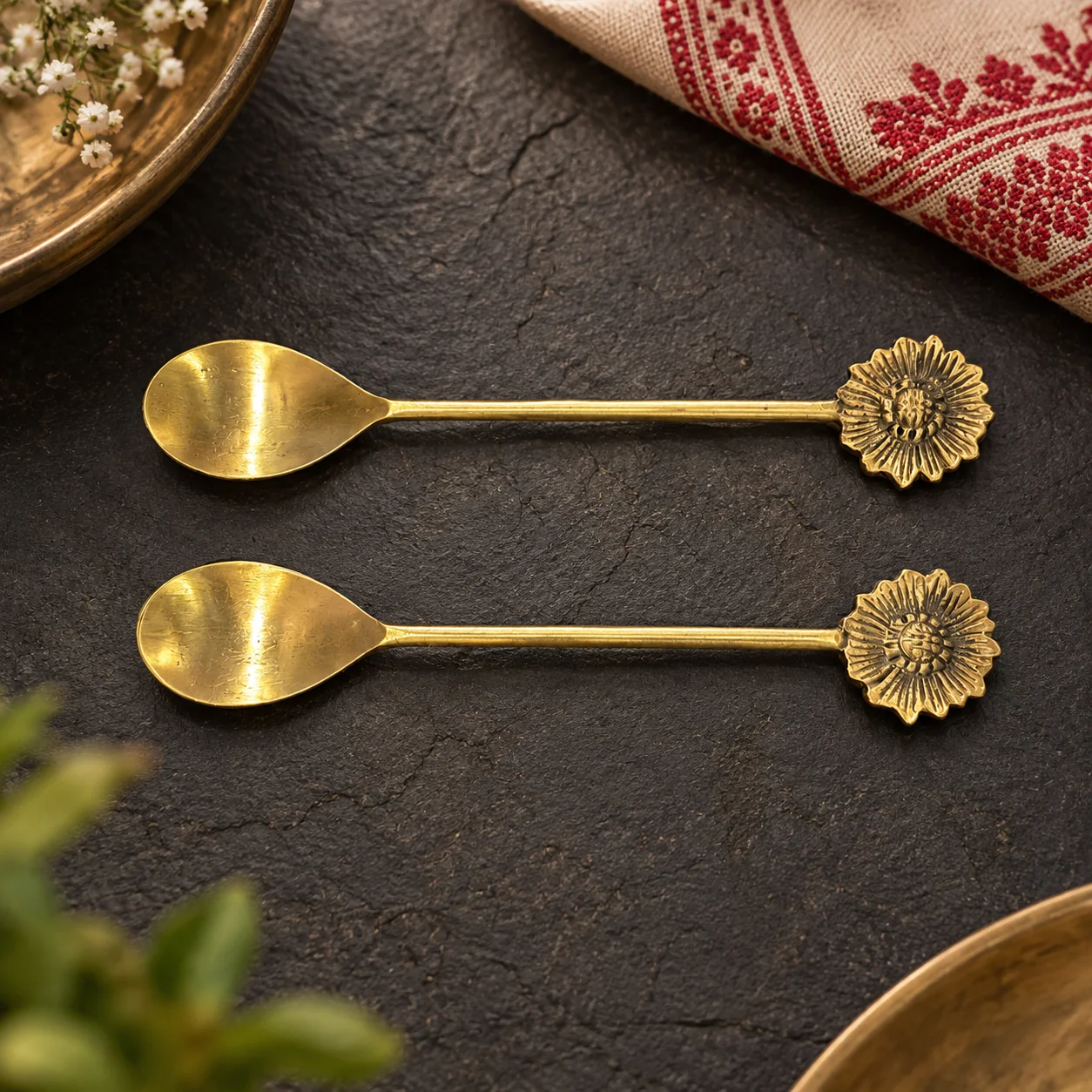 Premium Handmade Brass Floral Spoon – Set of 2 (7 Inch | Matte Finish)