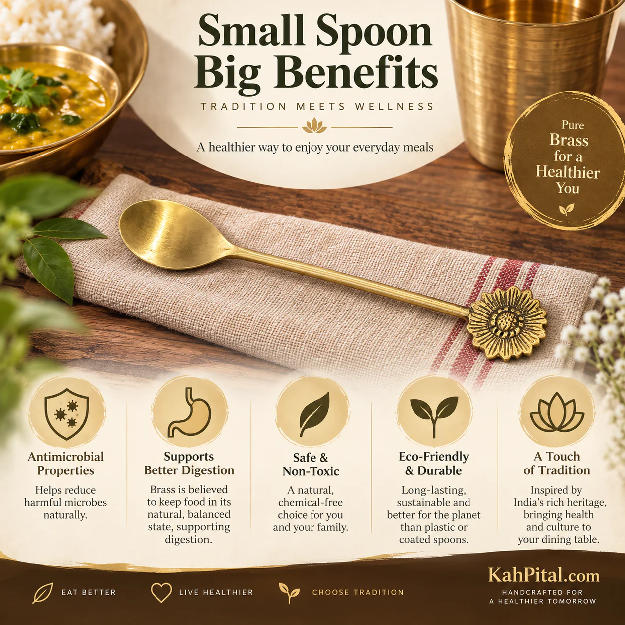 Premium Handmade Brass Floral Spoon – Set of 2 (7 Inch | Matte Finish)