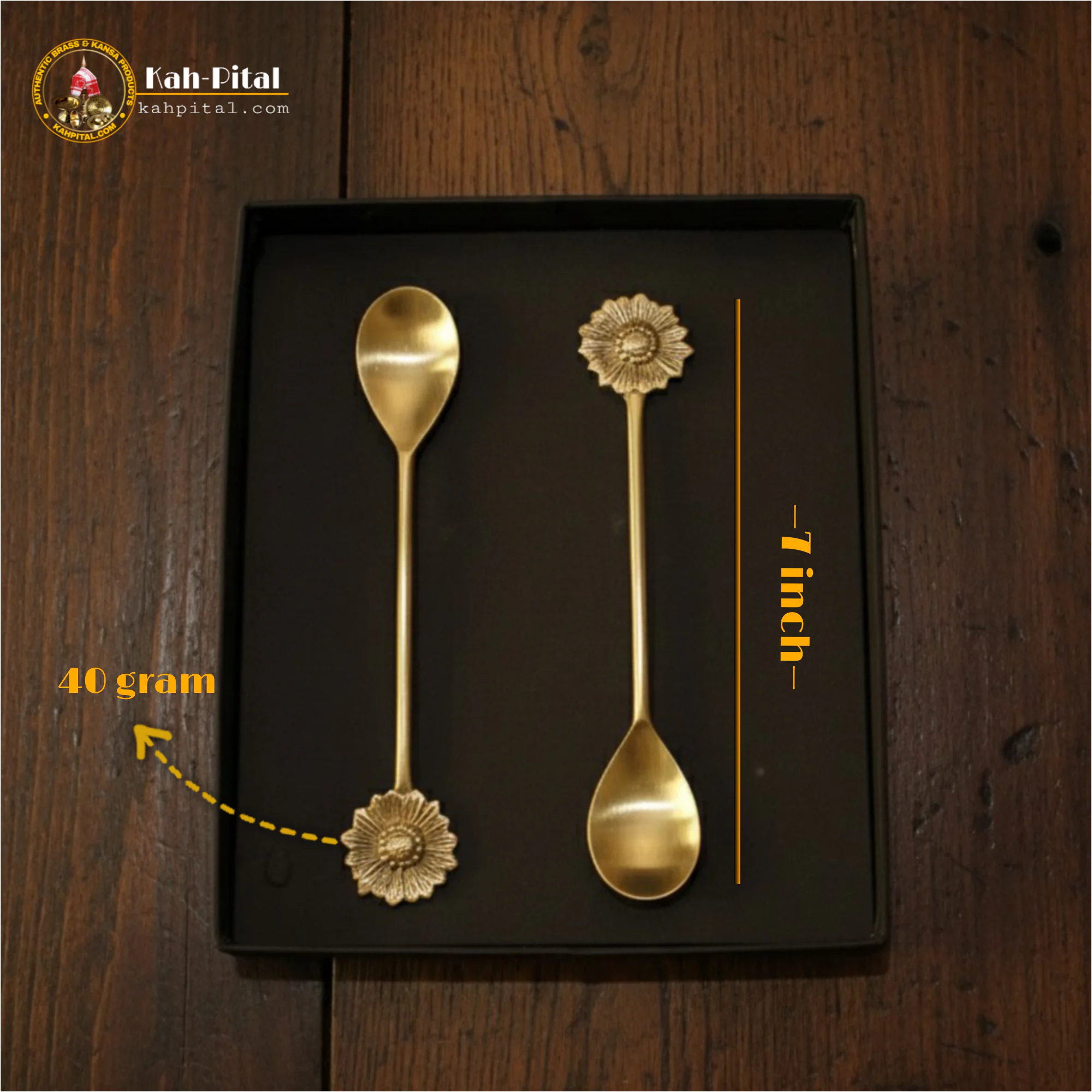 Premium Handmade Brass Floral Spoon – Set of 2 (7 Inch | Matte Finish | Handcrafted)