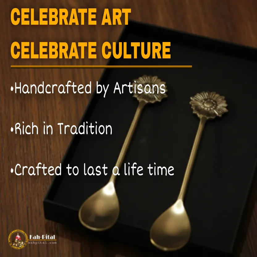 Premium Handmade Brass Floral Spoon – Set of 2 (7 Inch | Matte Finish | Handcrafted)