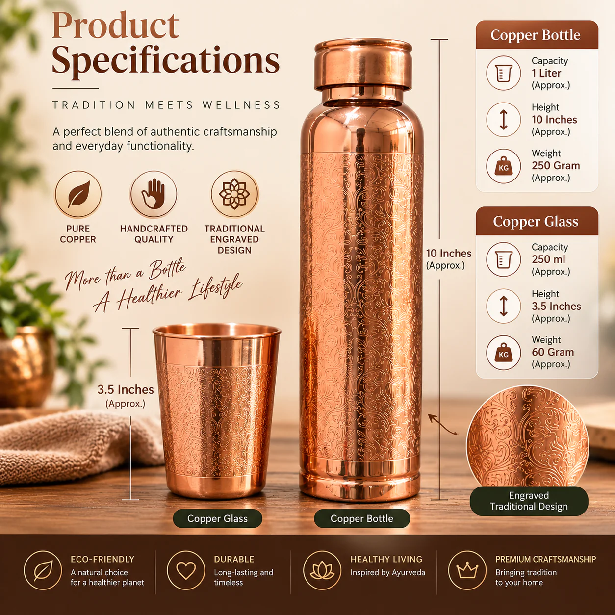 1 Litre Copper Water Bottle with Glass | Engraved Design
