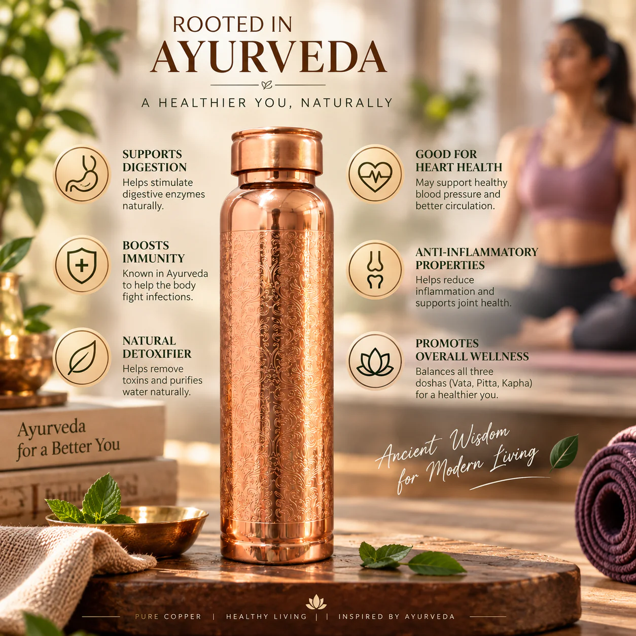 1 Litre Copper Water Bottle with Glass | Engraved Design