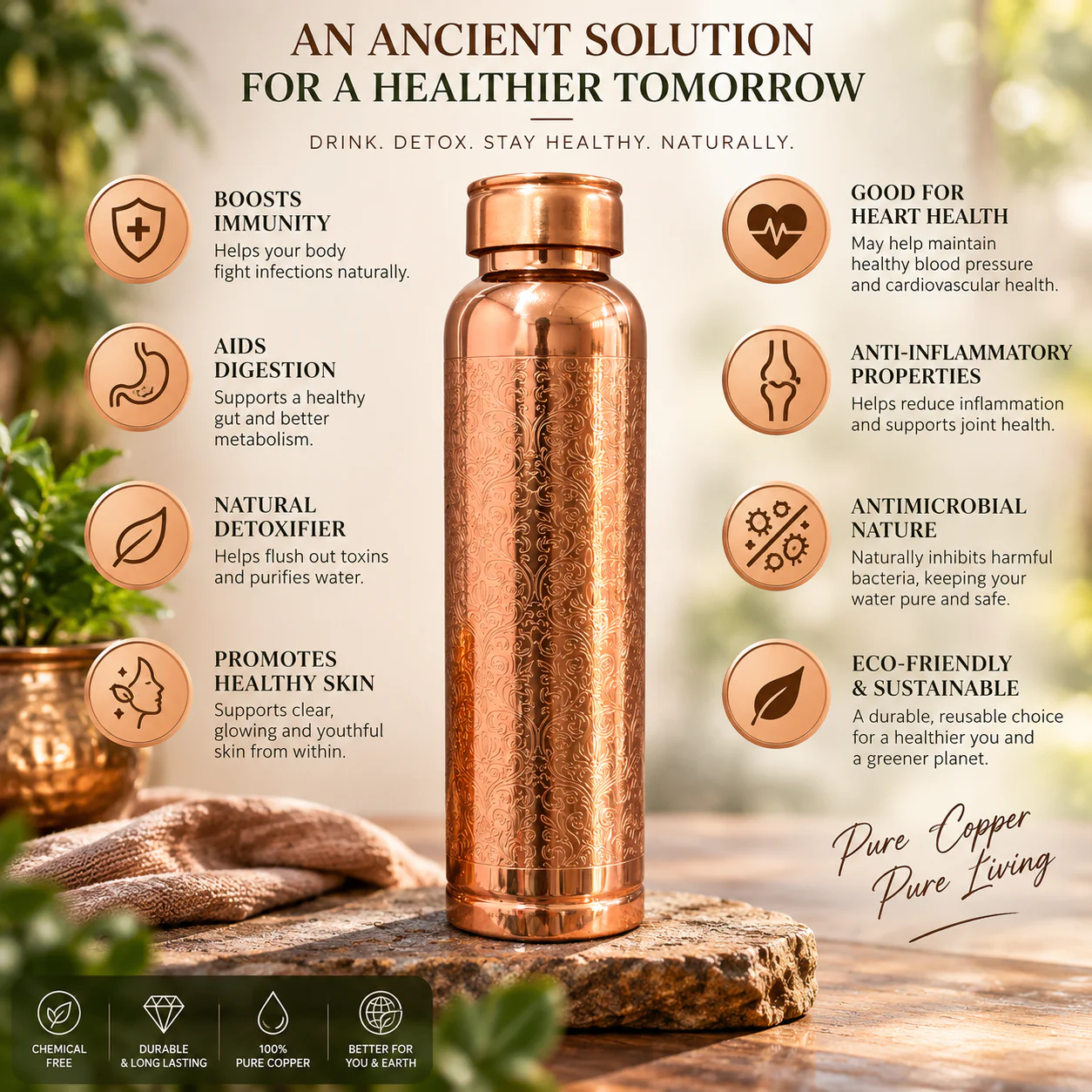 1 Litre Copper Water Bottle with Glass | Engraved Design