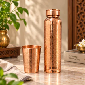 1 Litre Copper Water Bottle with Glass | Engraved Design