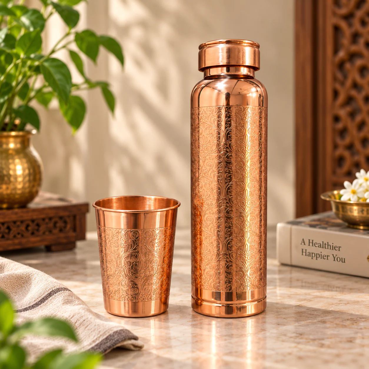 1 Litre Copper Water Bottle with Glass | Engraved Design