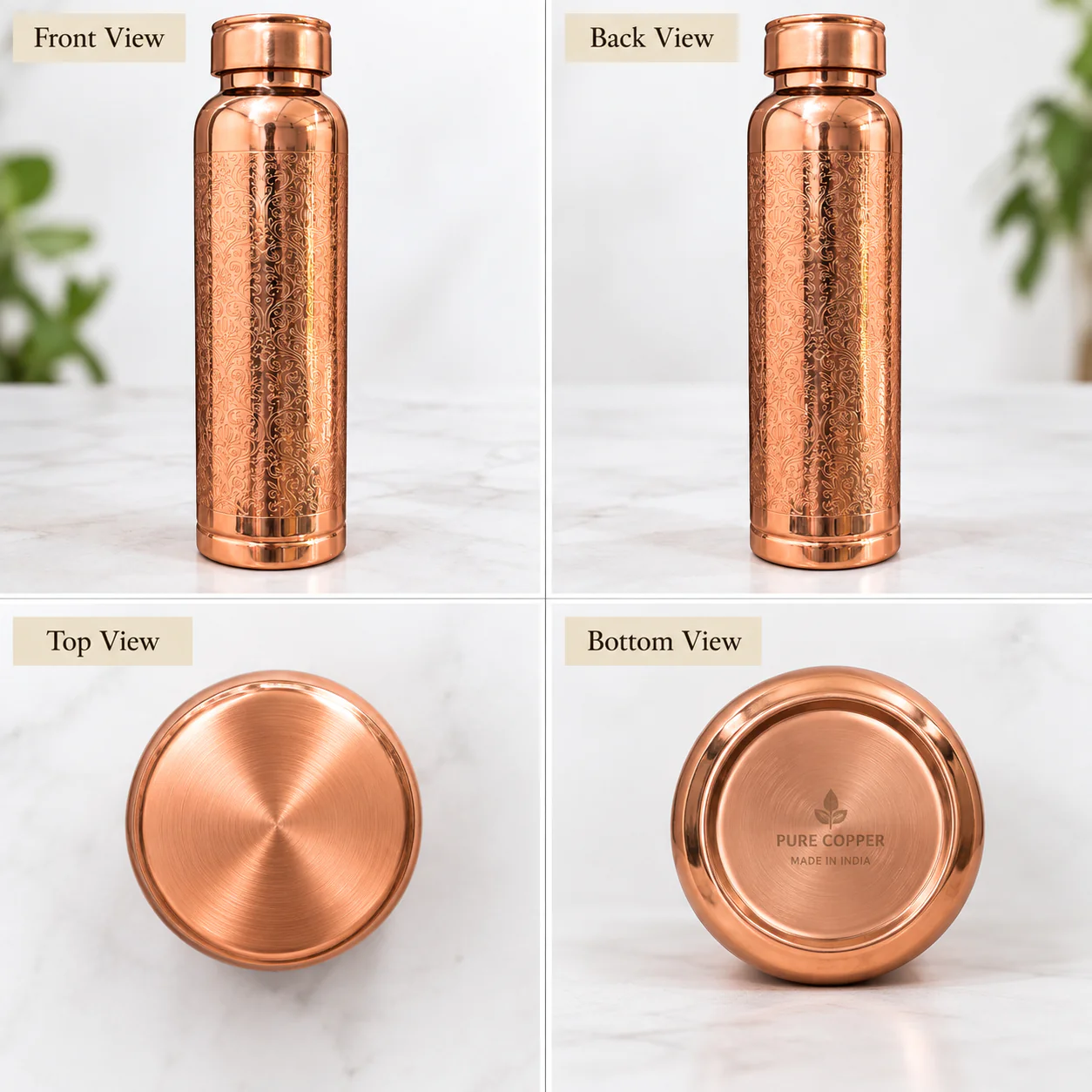 1 Litre Copper Water Bottle with Glass | Engraved Design