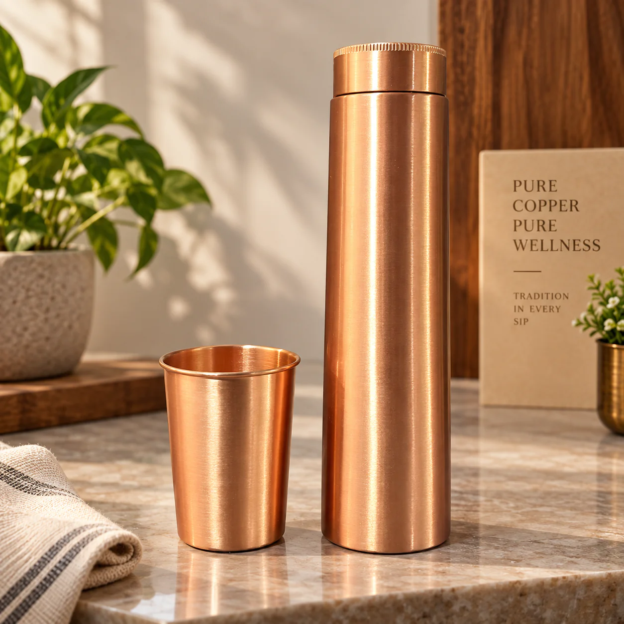 1 Litre Copper Water Bottle with Glass | Classic Design