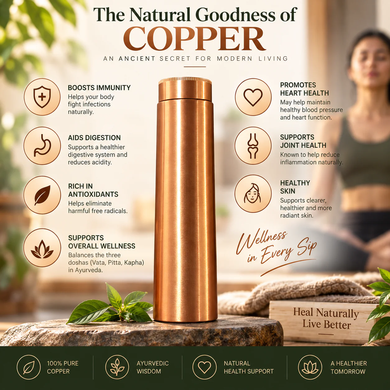 1 Litre Copper Water Bottle with Glass | Classic Design