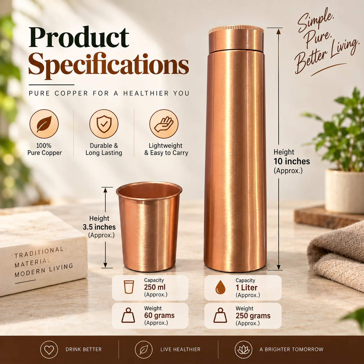 1 Litre Copper Water Bottle with Glass | Classic Design