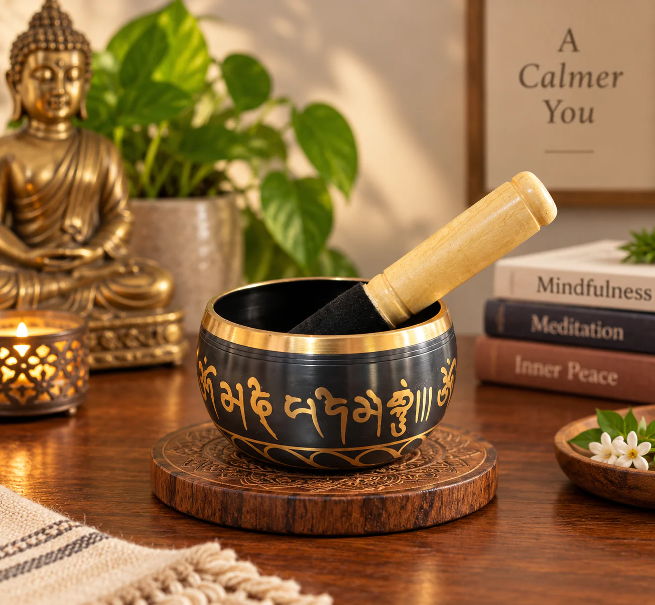 KahPital Brass Meditation Singing Bowl with Five Buddha Design Inside