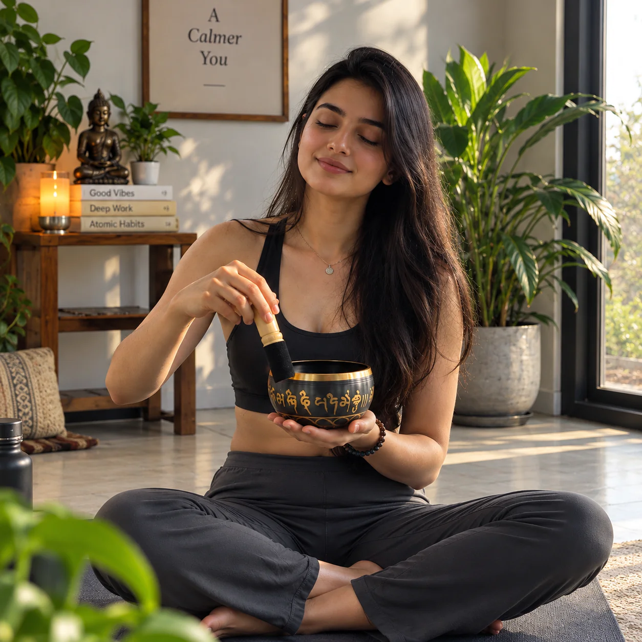KahPital Brass Meditation Singing Bowl with Five Buddha Design Inside