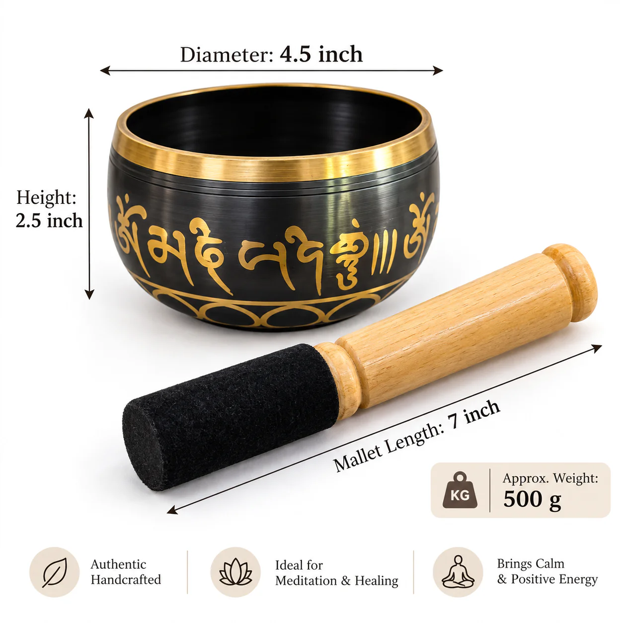 KahPital Brass Meditation Singing Bowl with Five Buddha Design Inside