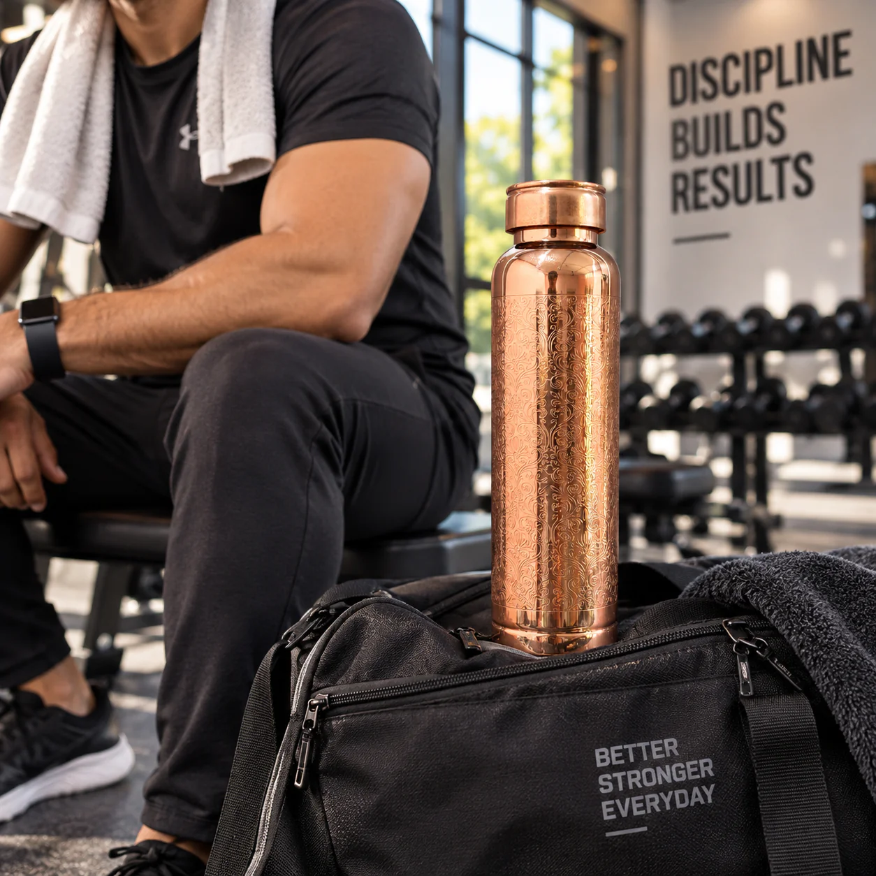 1 Litre Copper Water Bottle with Glass | Engraved Design